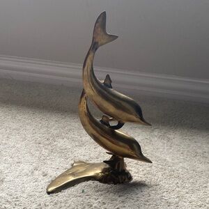 Mid Century Modern Brass Sculpture of Two Dolphins